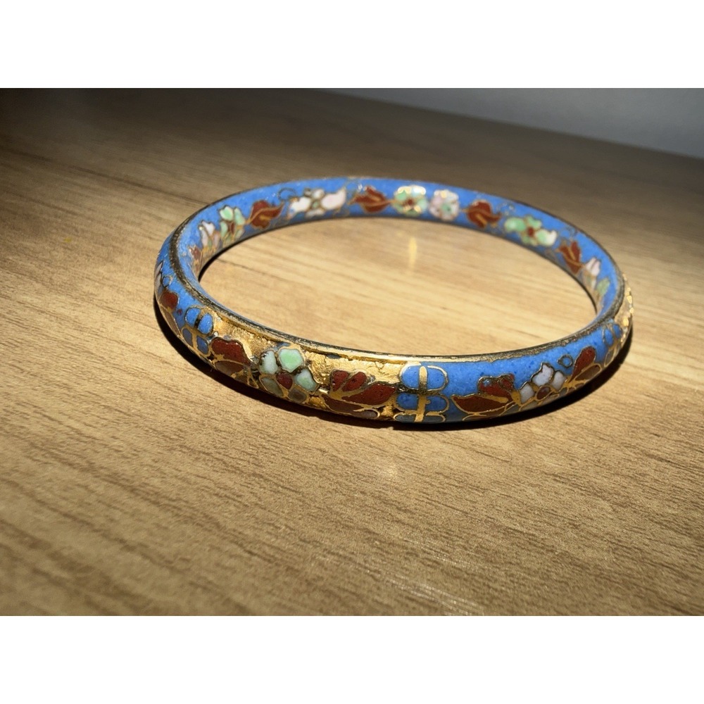 Cloisonné Enamel Floral Bangle Bracelet Blue Gold‎ Flowers Vintage 8.5"